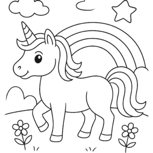Schwarz-weißes Ausmalbild eines fröhlichen Einhorns mit Regenbogen, Blumen, Wolken und Stern – ideal für Kinder zum Ausmalen.

