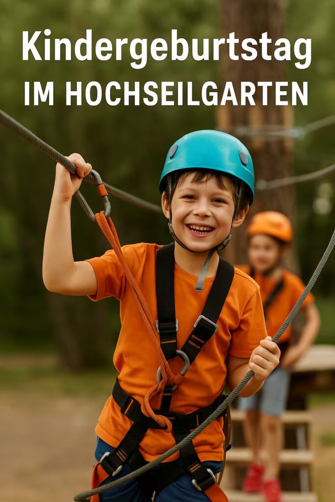 Kind mit Sicherheitsgurt und Helm klettert lachend im Hochseilgarten während einer Kindergeburtstagsparty